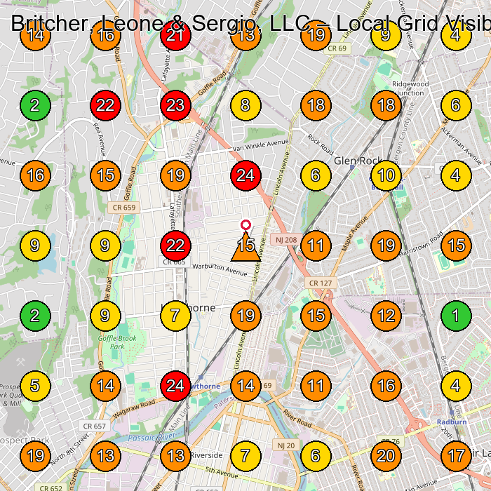 Britcher, Leone & Sergio, LLC Personal Injury Attorney GeoGrid ranking map for Glen Rock NJ
